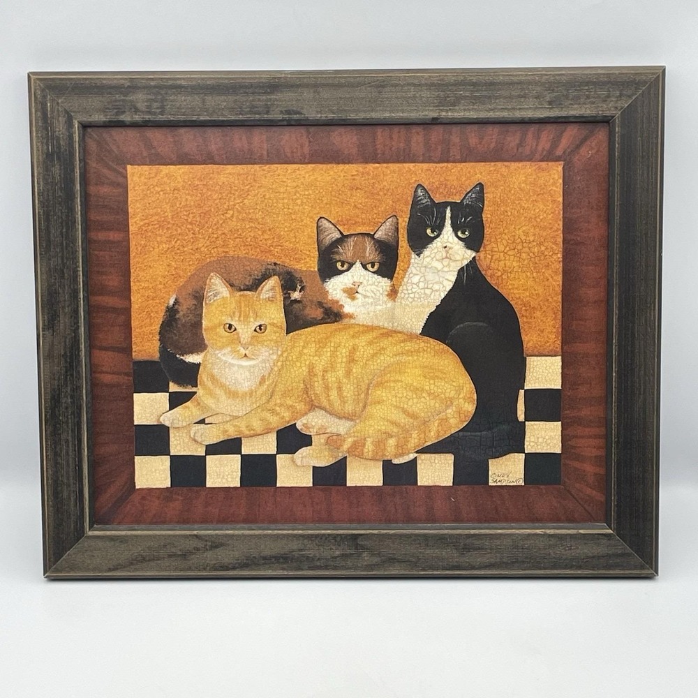 Vintage 1999 Cindy Sampson Framed Cat Print Folk Art Checkerboard 13x16 USA